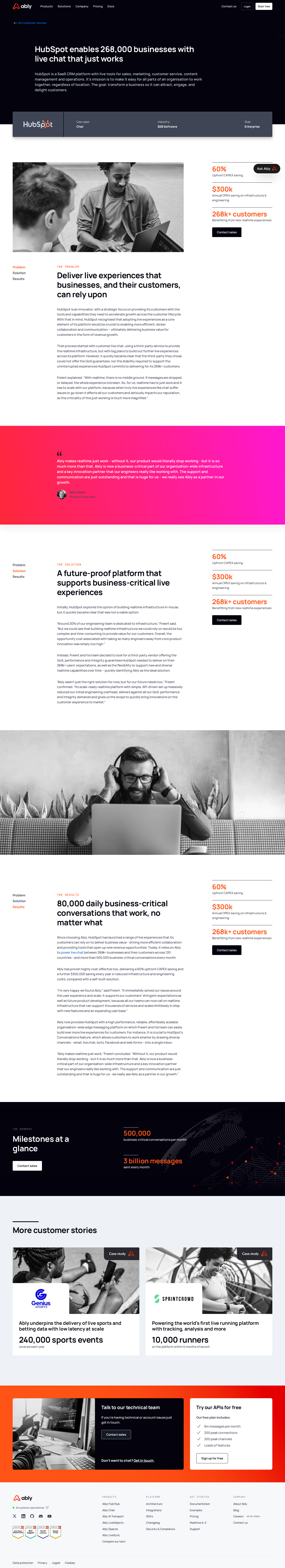 Screenshot of Ably x HubSpot, $300k saved by ditching unreliable realtime infrastructure