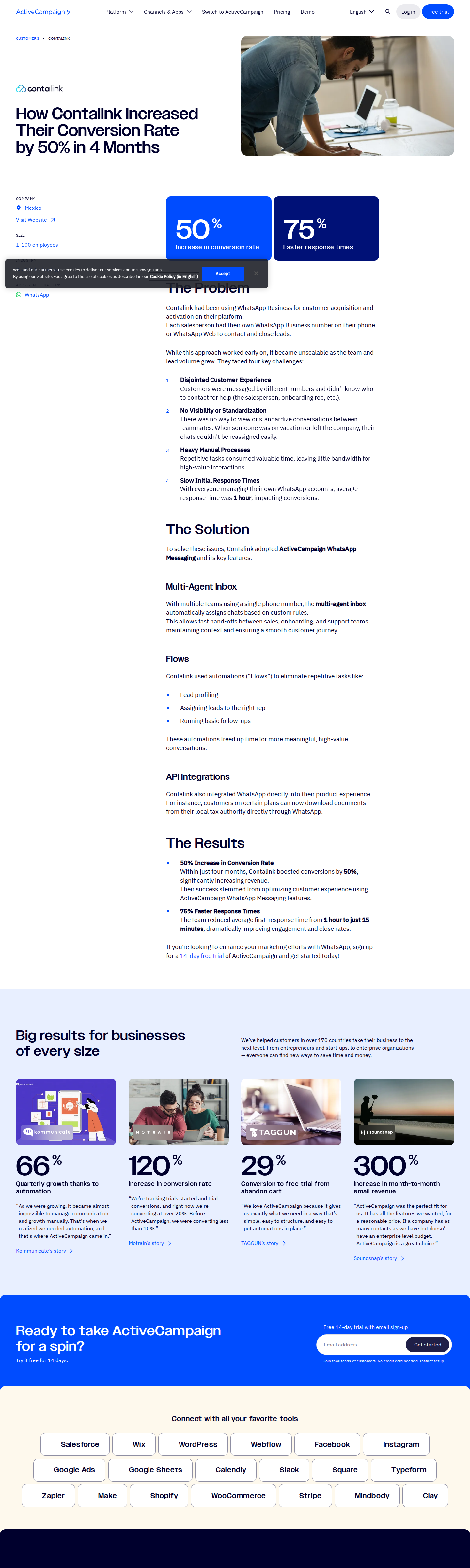 Screenshot of ActiveCampaign x Contalink, WhatsApp chaos to 50% more conversions