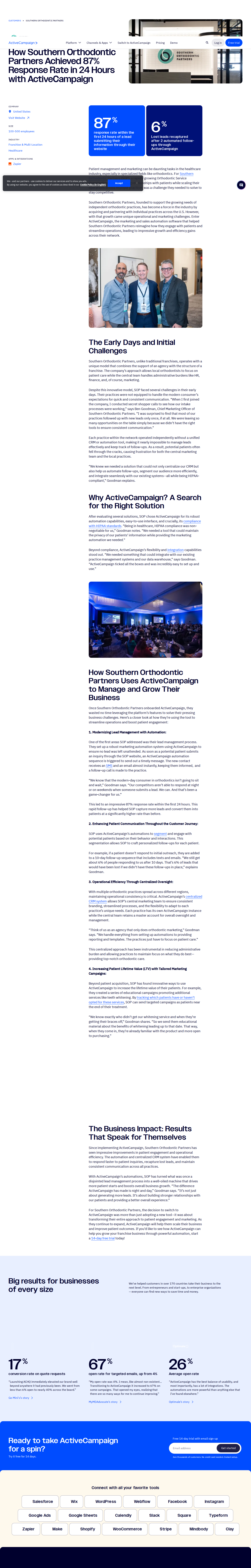 Screenshot of ActiveCampaign x Southern Orthodontic Partners, 87% lead response rate in 24 hours