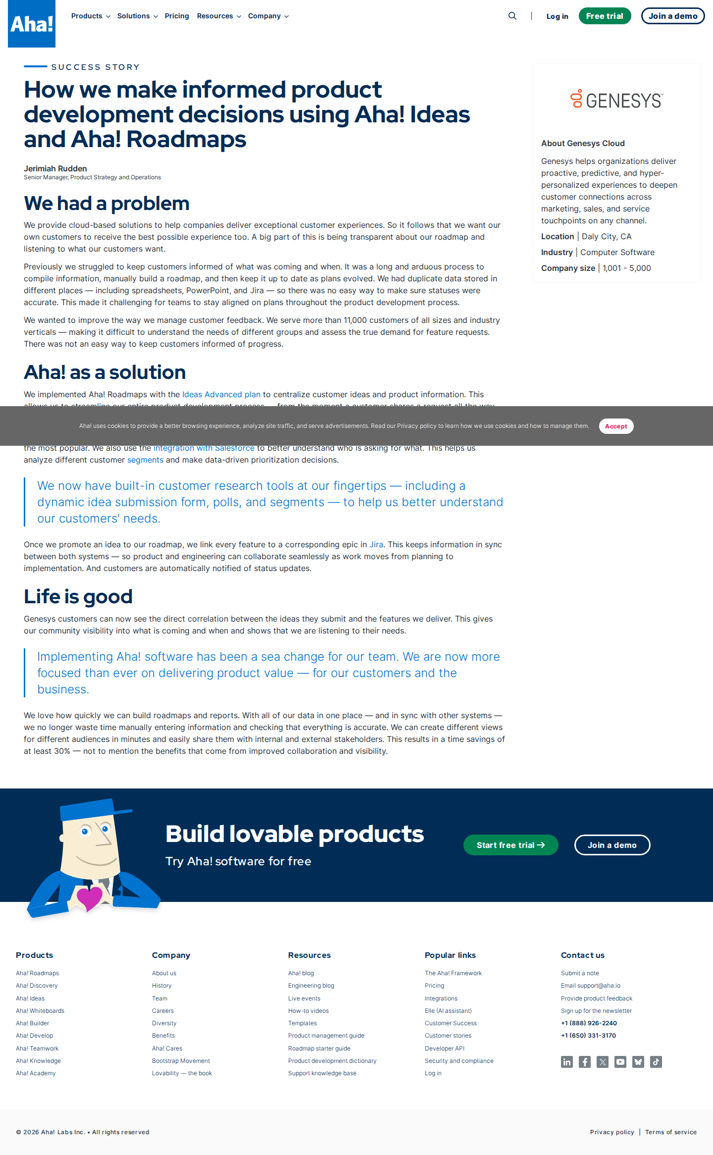 Screenshot of Aha! x Genesys, 30% time saved on roadmap management