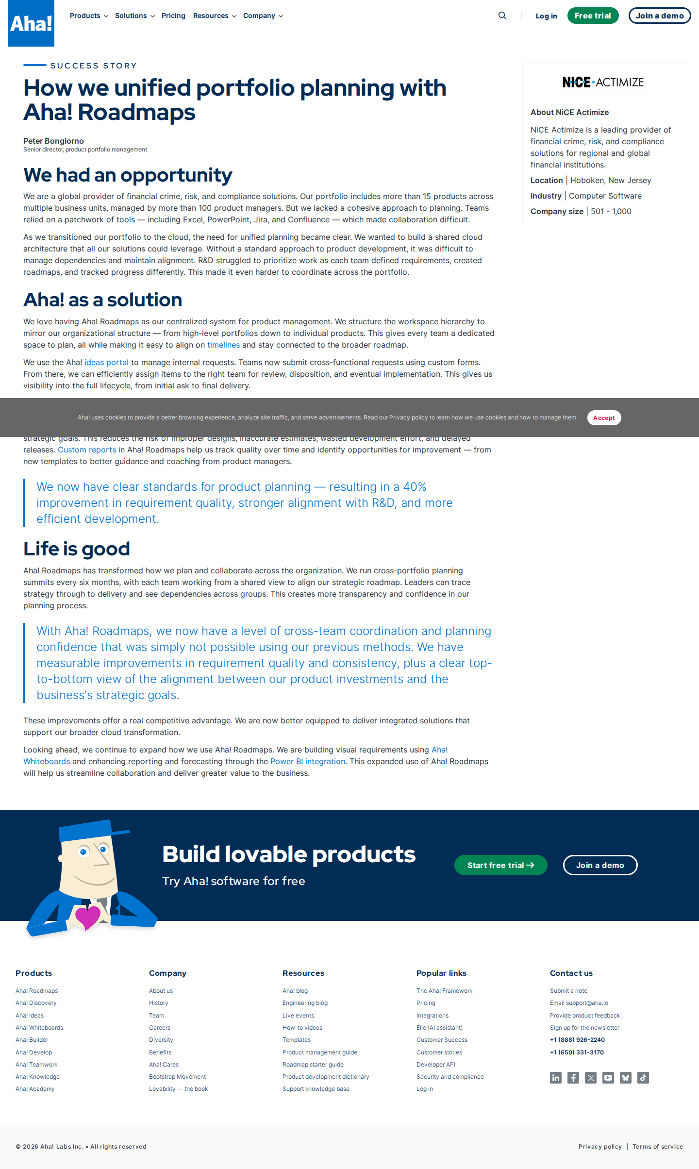 Screenshot of Aha! x NiCE Actimize, unified portfolio planning across 100+ PMs