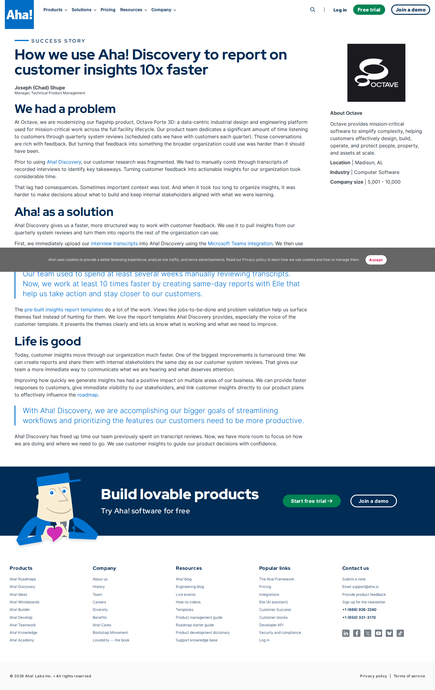 Screenshot of Aha! x Octave, customer insights 10x faster