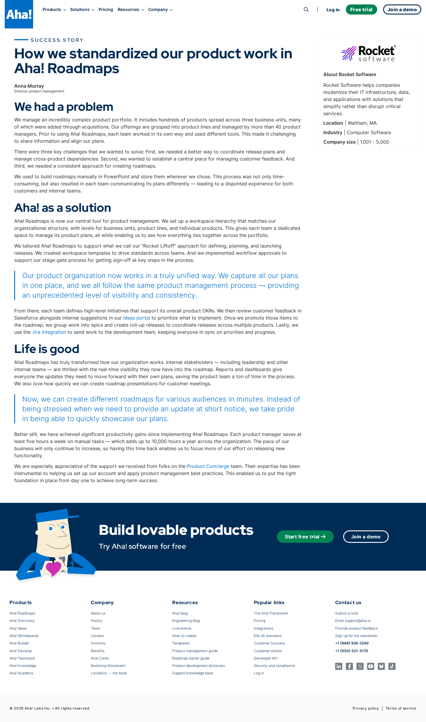 Screenshot of Aha! x Rocket Software, 10,000 hours saved by standardizing product management across 40+ PMs