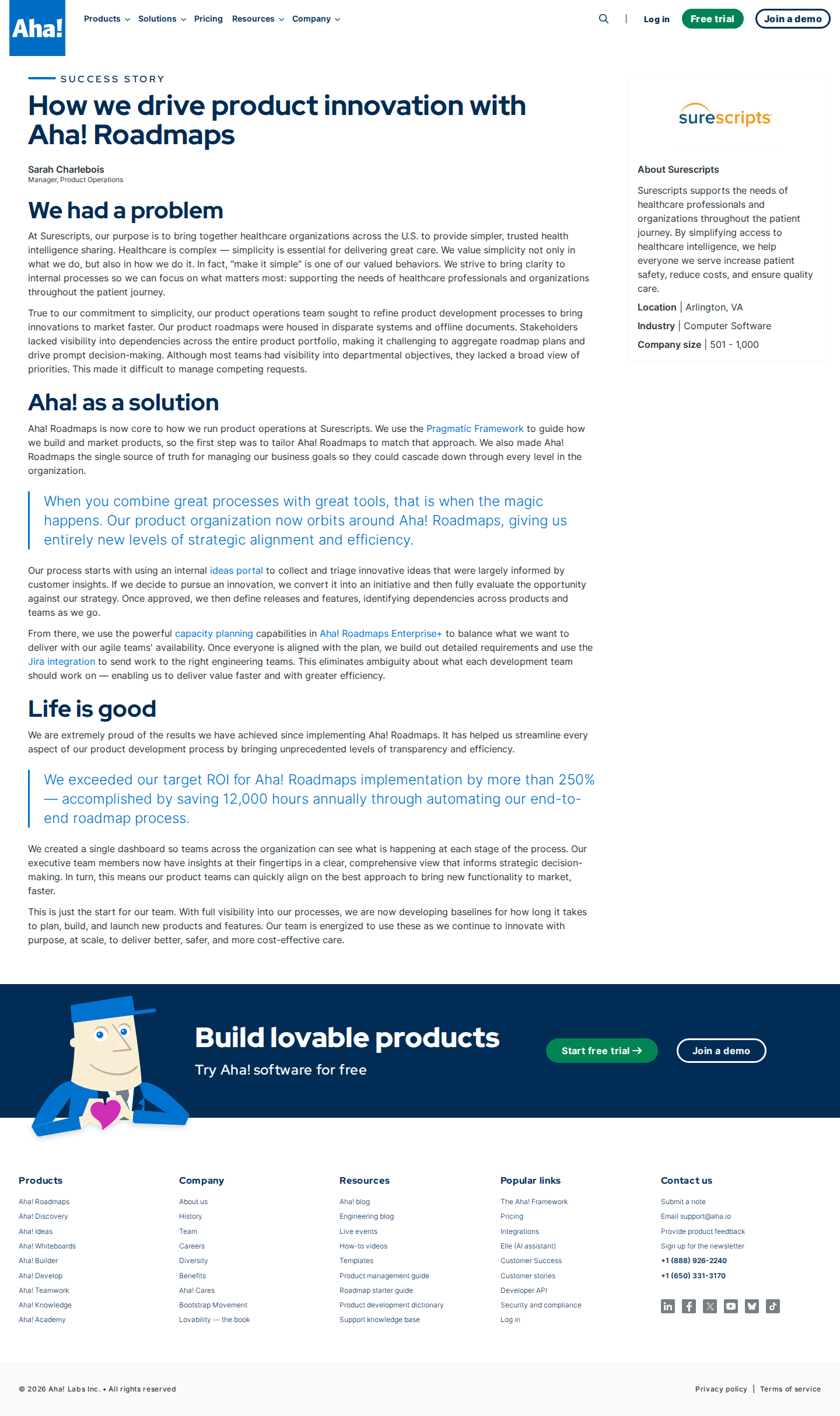 Screenshot of Aha! x Surescripts, 12,000 hours saved through unified roadmap operations
