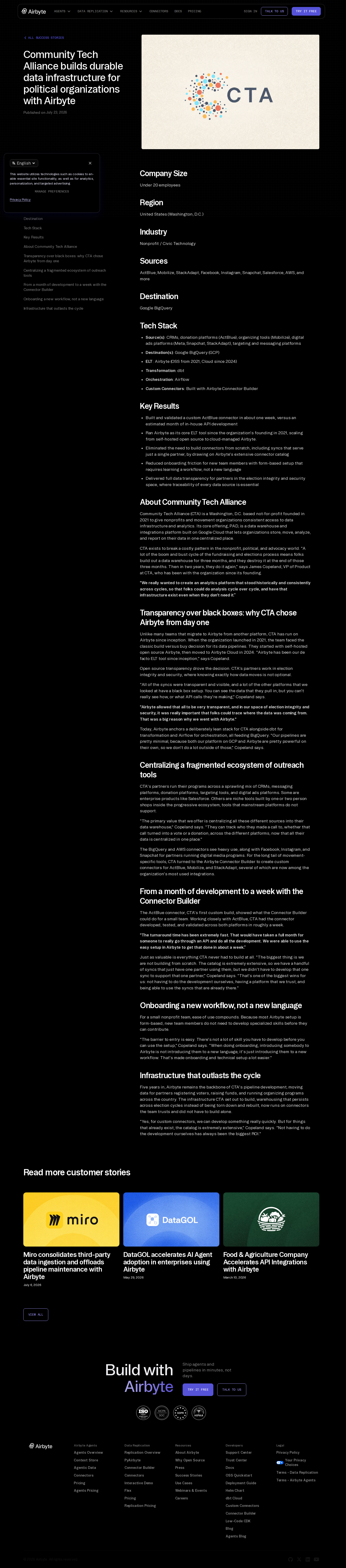 Screenshot of Airbyte x Community Tech Alliance, election-cycle data infrastructure that stays standing