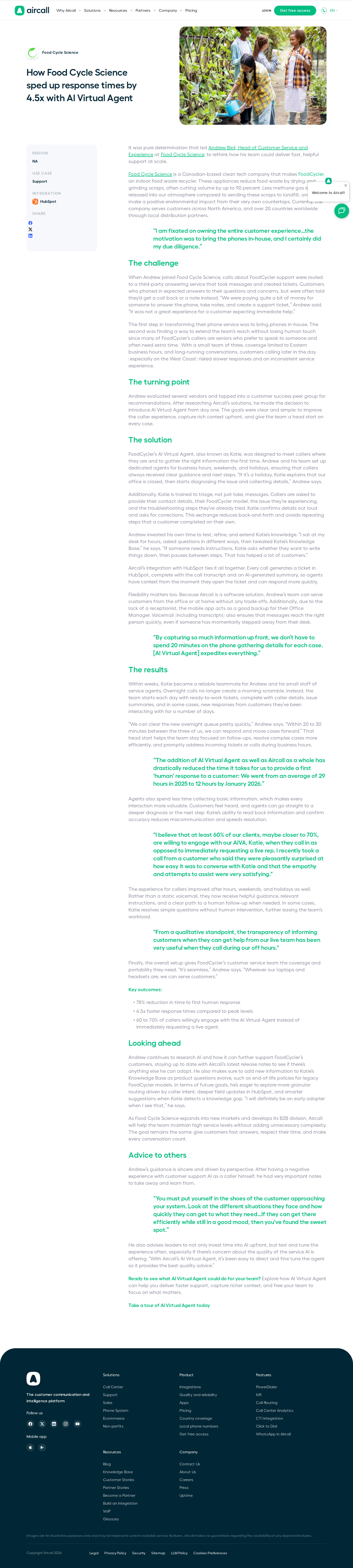 Screenshot of Aircall x Food Cycle Science, 4.5x faster response from a three-person team