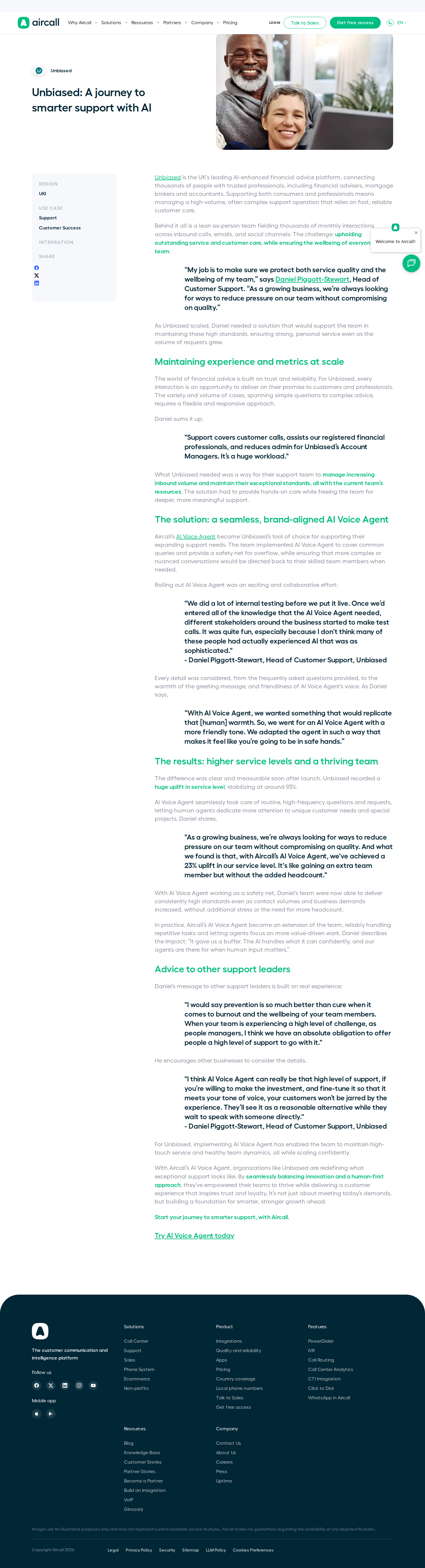 Screenshot of Aircall x Unbiased, AI Voice Agent lets a six-person team absorb growing volume without added headcount