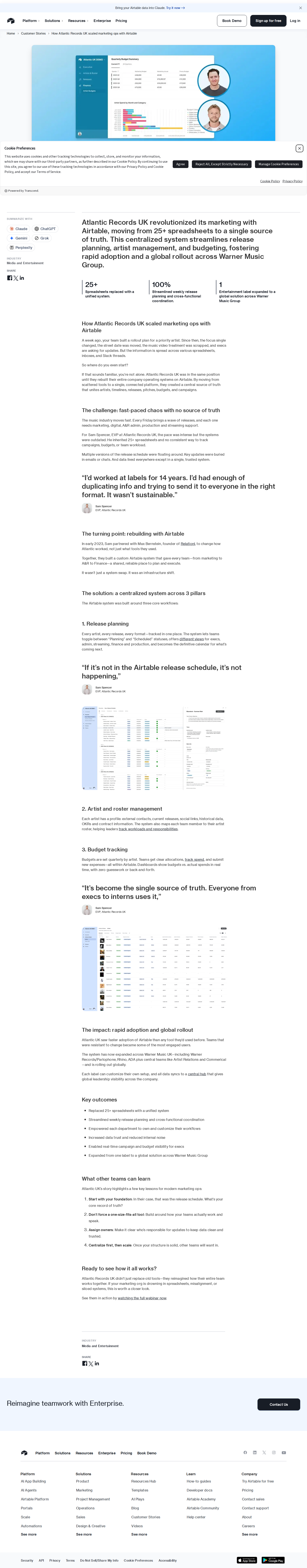 Full screenshot of Airtable x Atlantic Records UK, from 25 spreadsheets to one source of truth