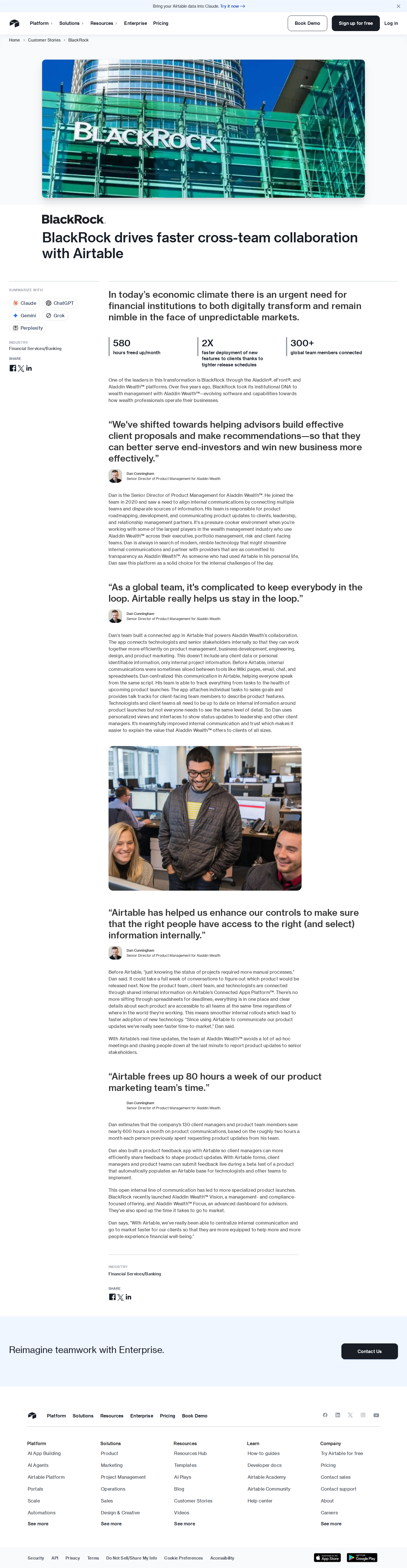 Screenshot of Airtable x BlackRock, 580 hours freed by centralizing product comms