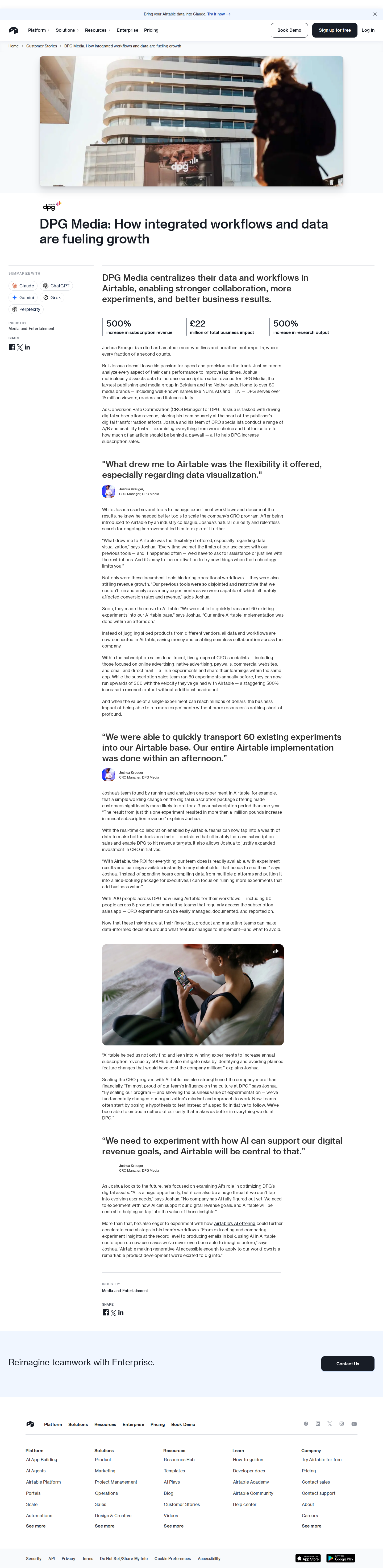 Screenshot of Airtable x DPG Media, 500% subscription revenue growth through scalable experimentation