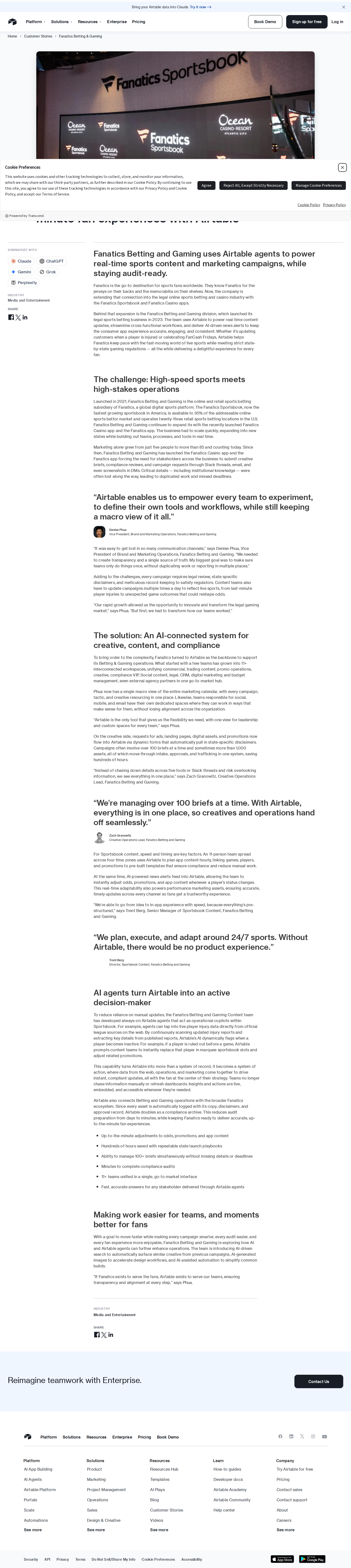 Screenshot of Airtable x Fanatics Betting and Gaming, unblocking a 17x marketing team