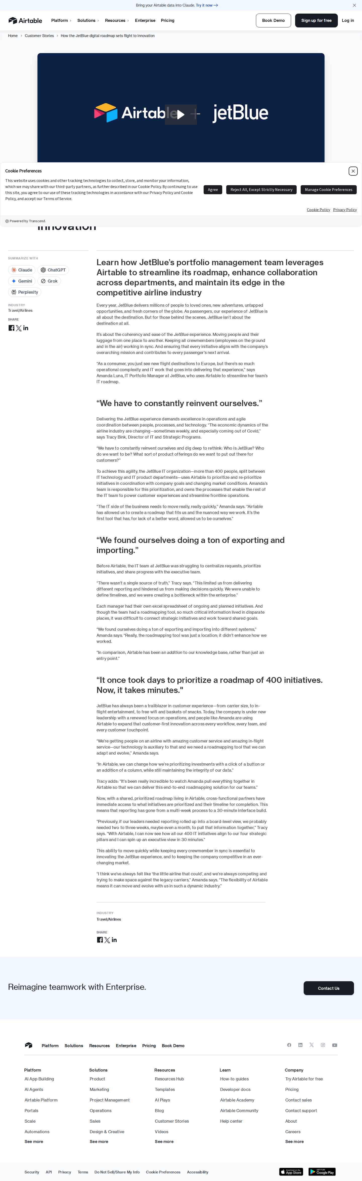 Screenshot of Airtable x JetBlue, from weeks to minutes on 400-initiative roadmaps