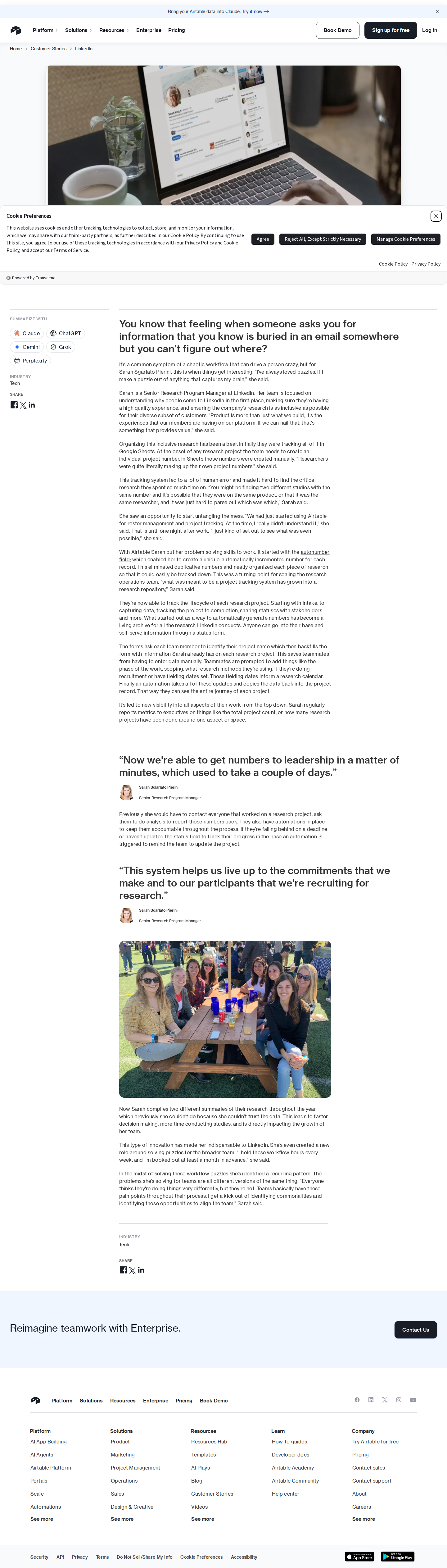Full screenshot of Airtable x LinkedIn, from research chaos to data on demand