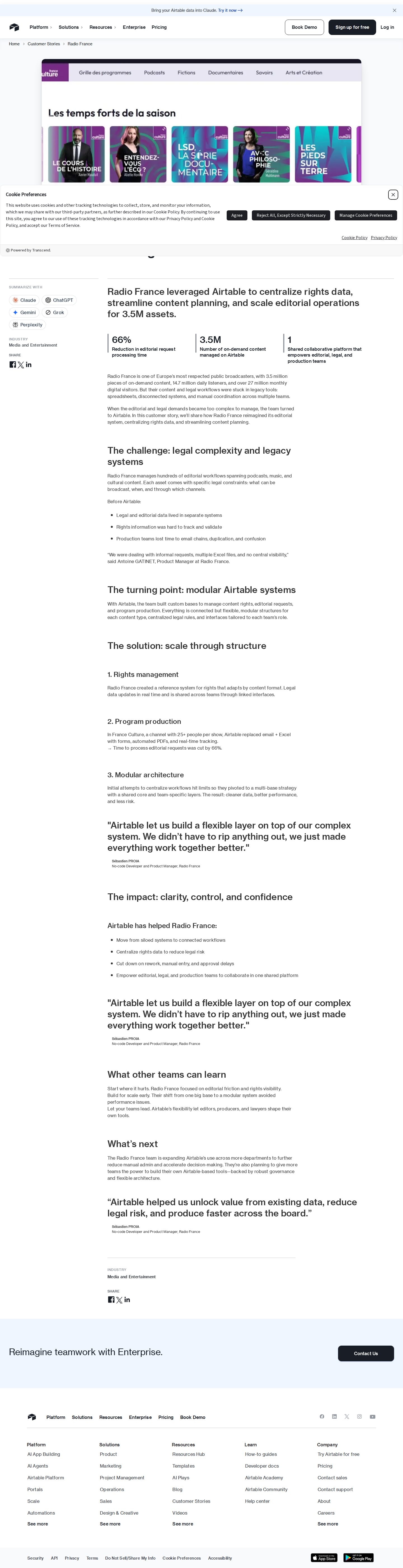 Full screenshot of Airtable x Radio France, 66% faster editorial ops across 3.5M assets