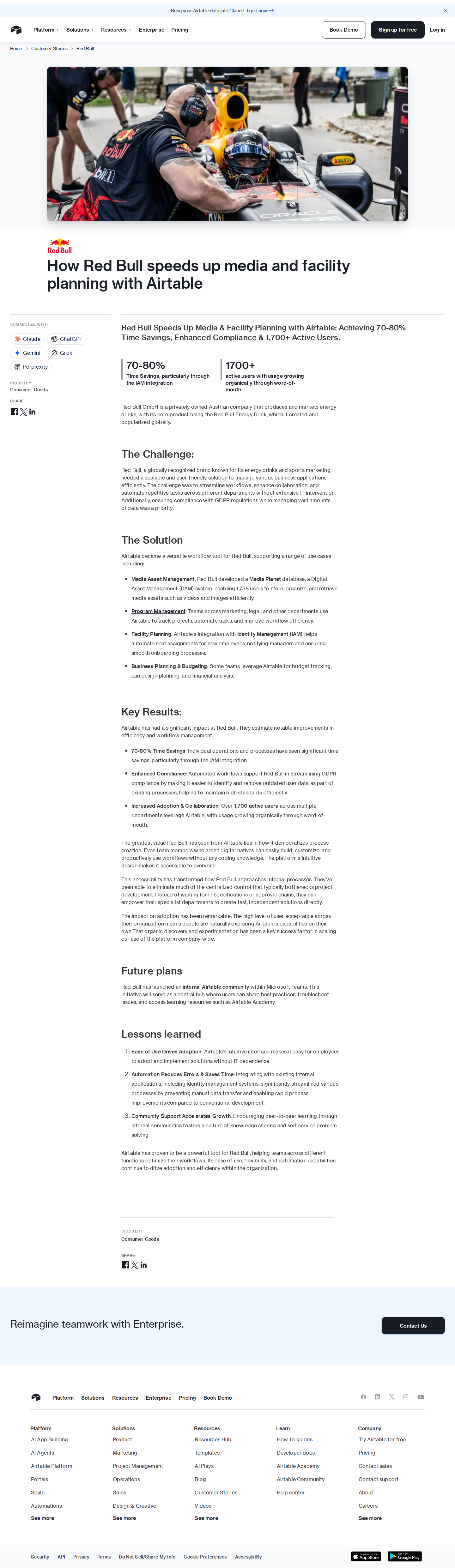 Screenshot of Airtable x Red Bull, 70-80% time savings on media and facility workflows