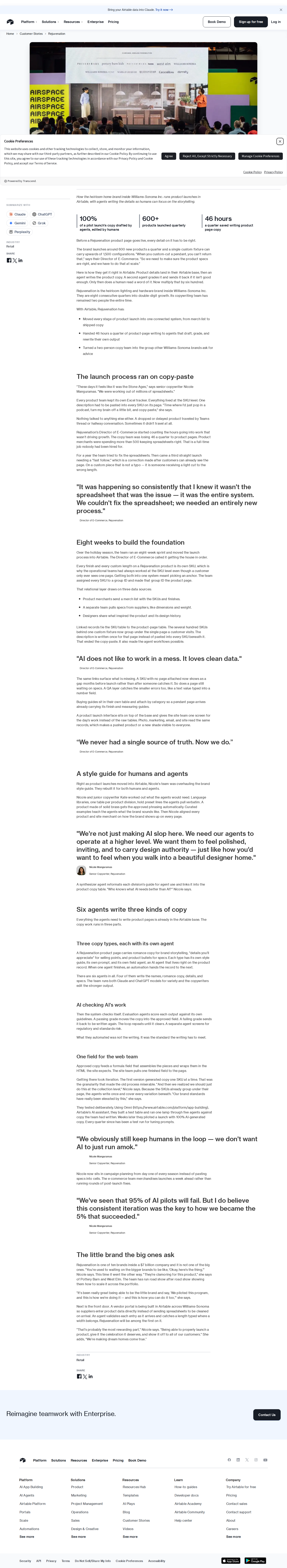 Full screenshot of Airtable x Rejuvenation, 600 product launches with a two-person copy team