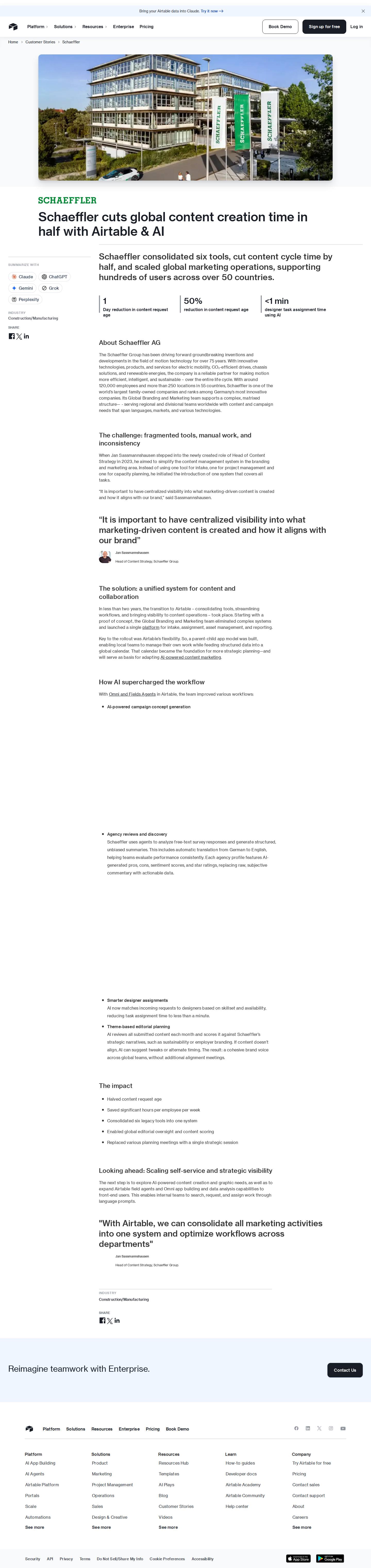 Screenshot of Airtable x Schaeffler, six tools down to one for global content ops