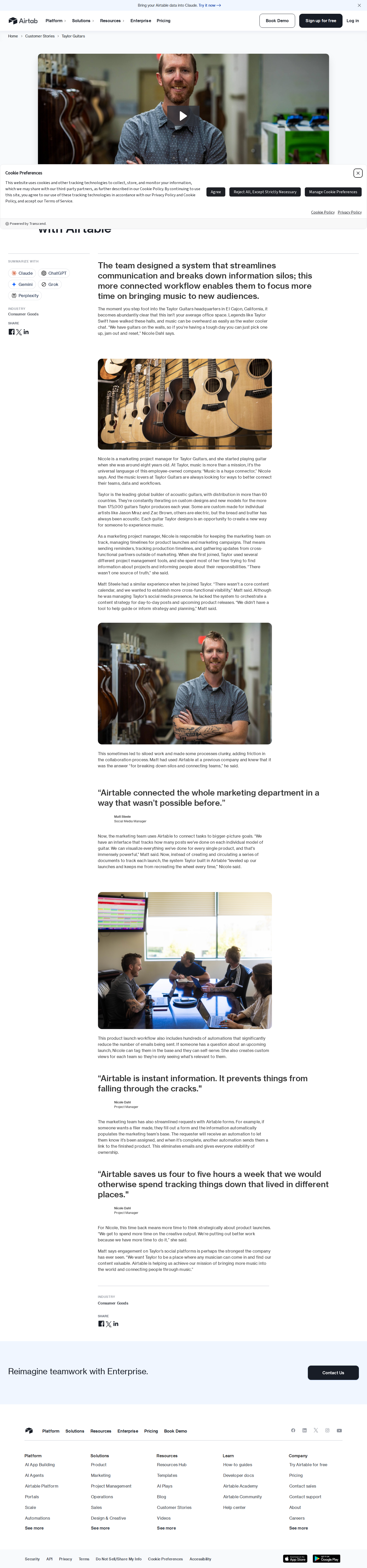 Full screenshot of Airtable x Taylor Guitars, breaking silos in a guitar maker's marketing team