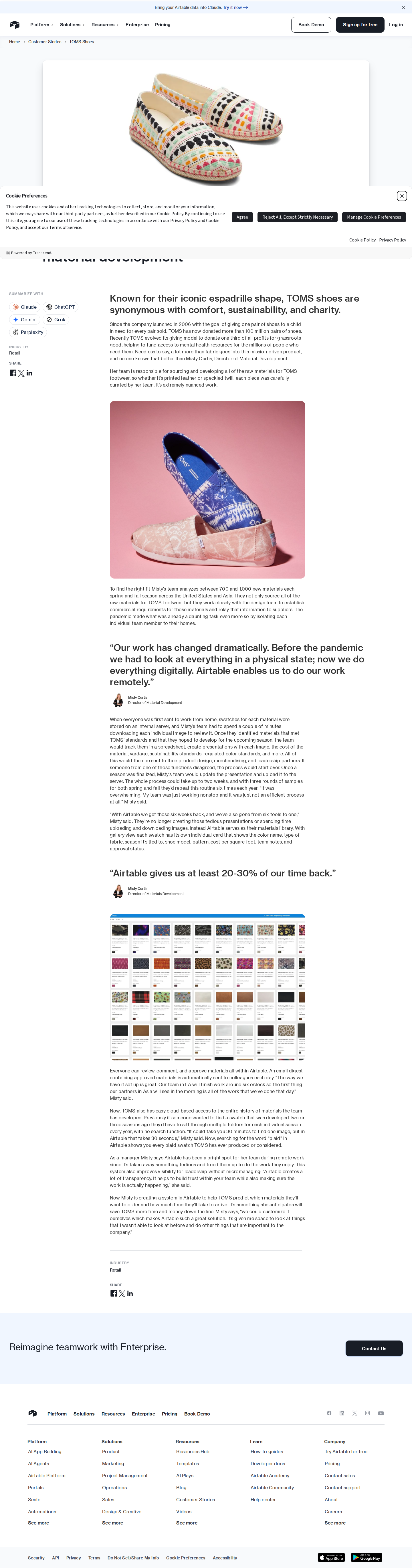 Full screenshot of Airtable x TOMS Shoes, six weeks saved on seasonal material review