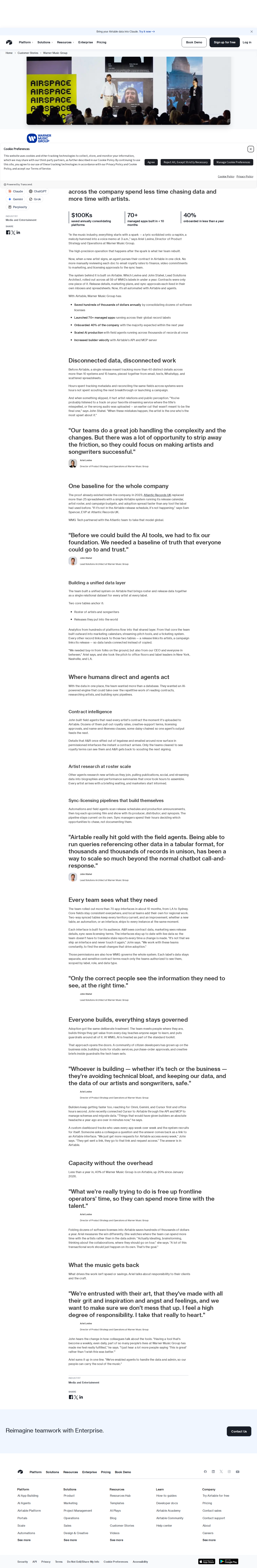 Full screenshot of Airtable x Warner Music Group, 59 labels on one agentic system