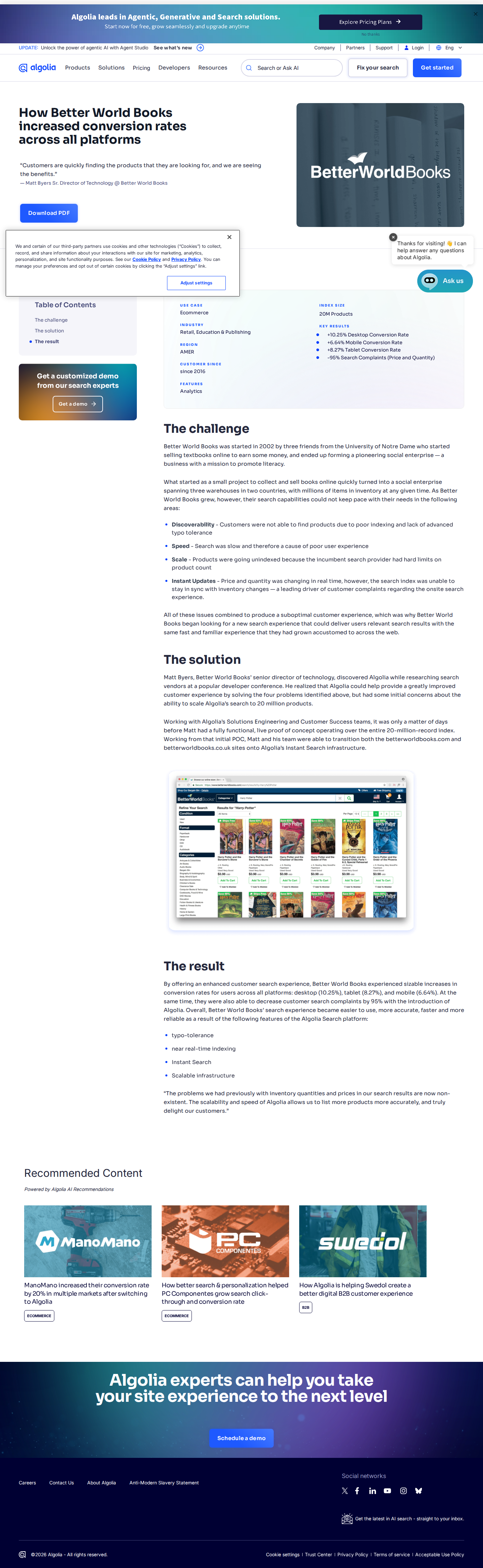 Screenshot of Algolia x Better World Books, search fixes drive conversion gains across every platform