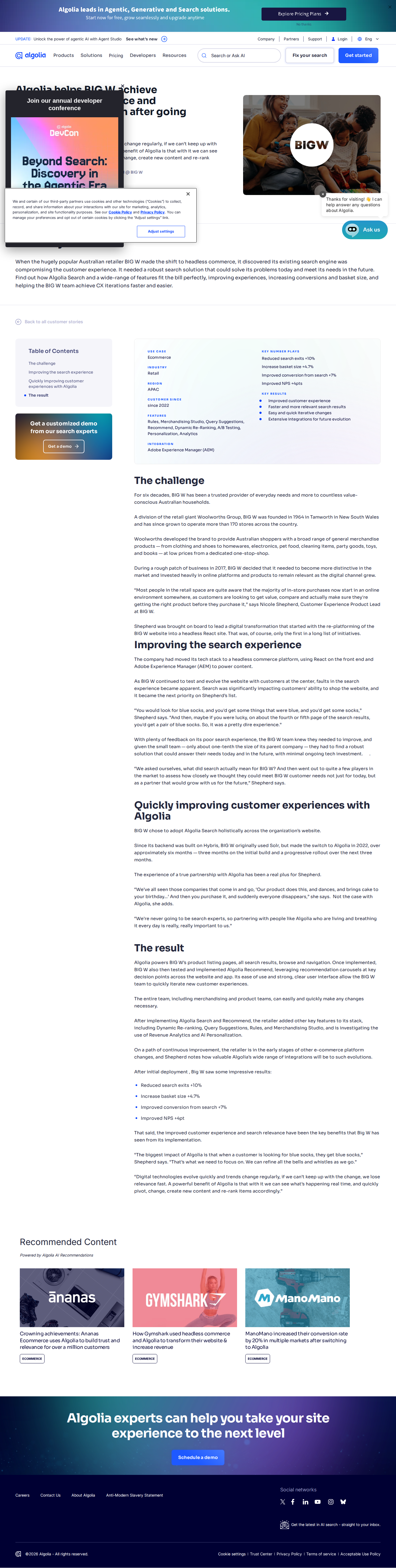 Screenshot of Algolia x BIG W, better search relevance drives conversion and basket size