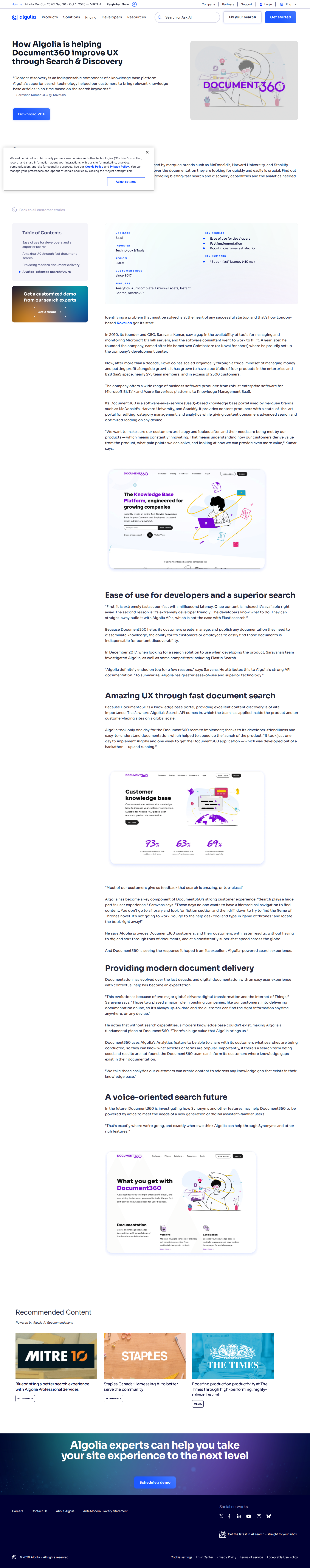 Full screenshot of Algolia x Document360, search built into a knowledge base from day one