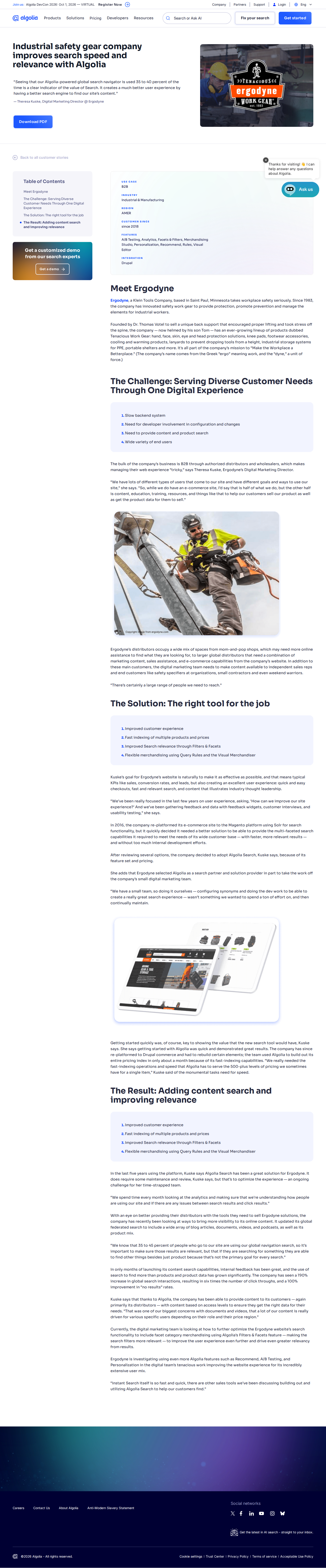 Screenshot of Algolia x Ergodyne, 190% search interaction lift for industrial safety gear brand