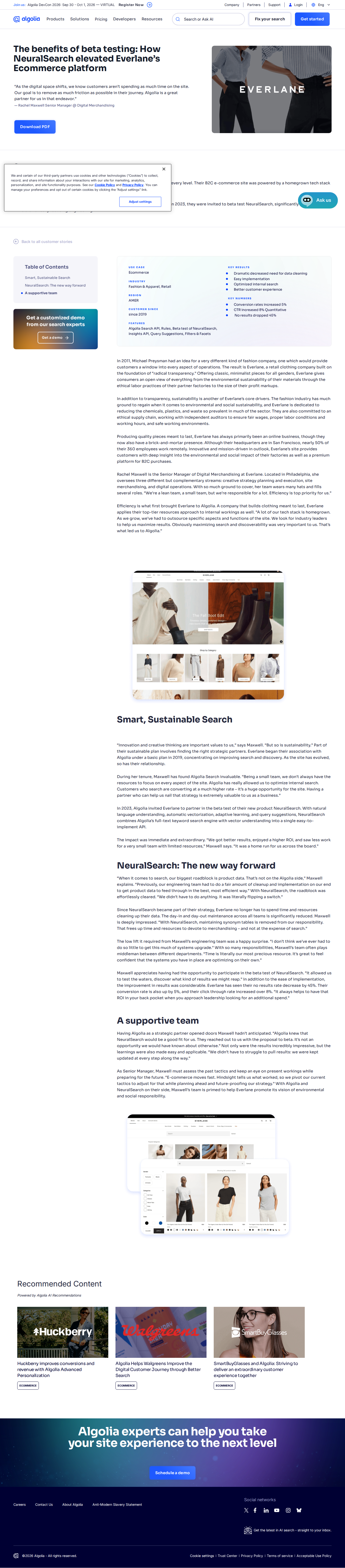 Full screenshot of Algolia x Everlane, NeuralSearch cuts data-cleaning load for a lean team