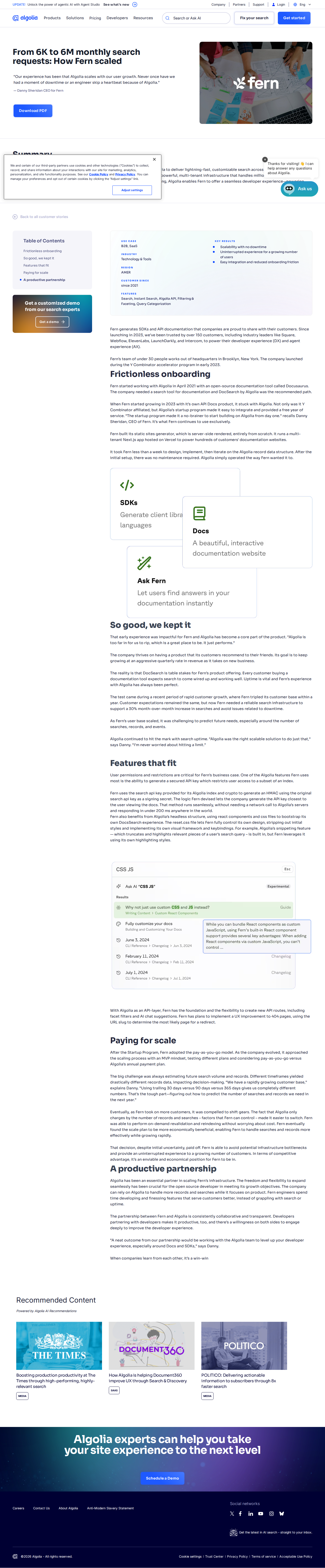 Screenshot of Algolia x Fern: From 6K to 6M monthly searches with zero downtime