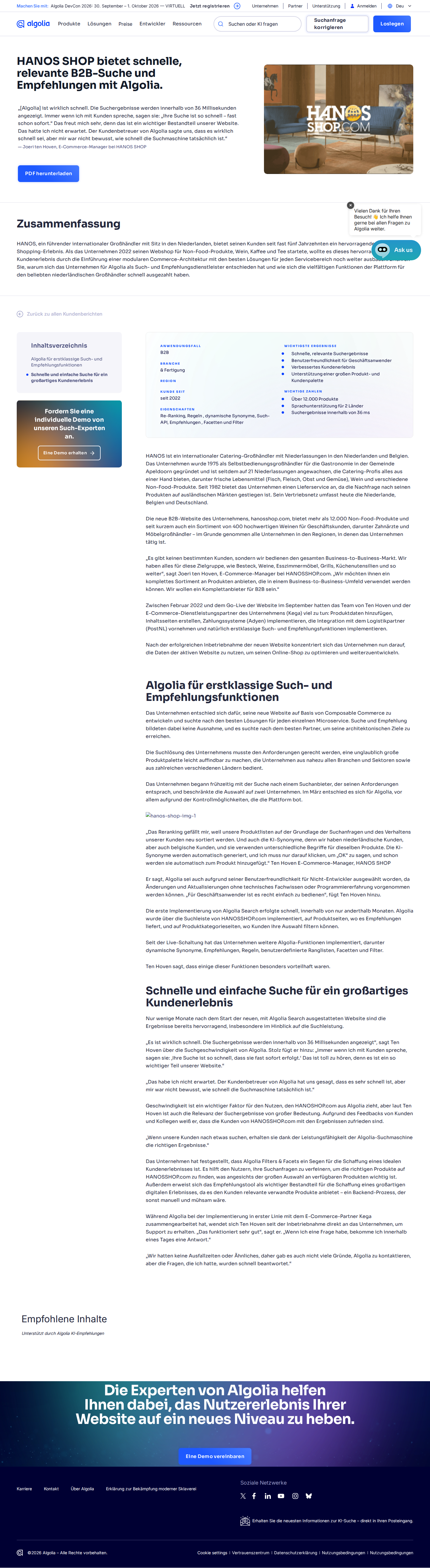 Full screenshot of Algolia x HANOS SHOP, B2B composable commerce search from zero