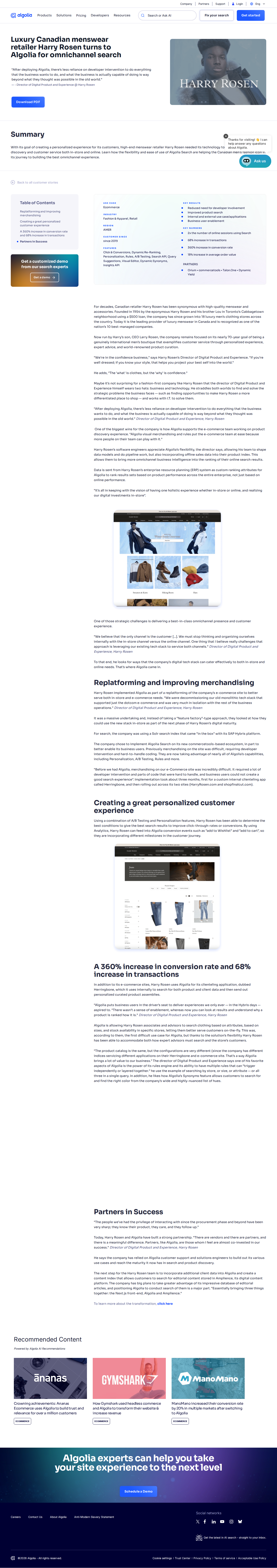 Screenshot of Algolia x Harry Rosen, 360% conversion lift through omnichannel search