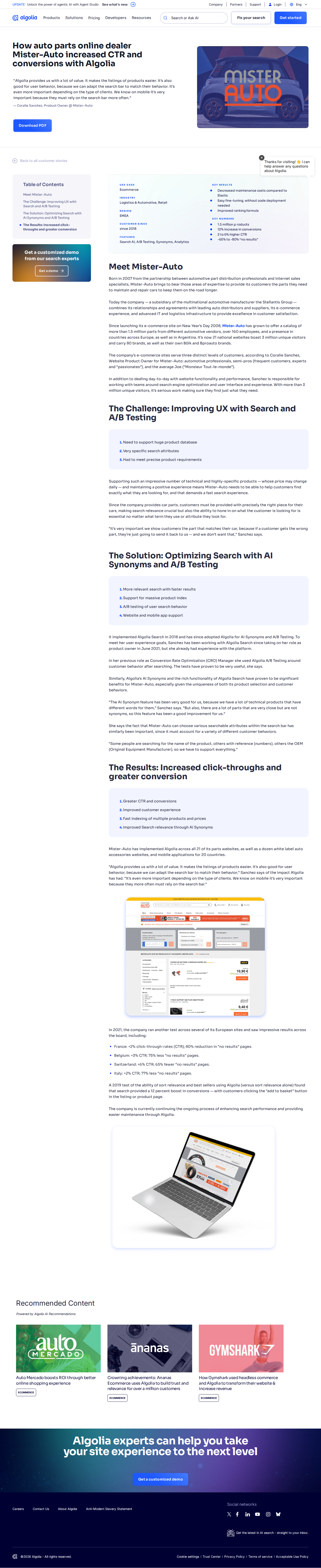 Screenshot of Algolia x Mister-Auto, 12% conversion lift on 1.5M auto parts