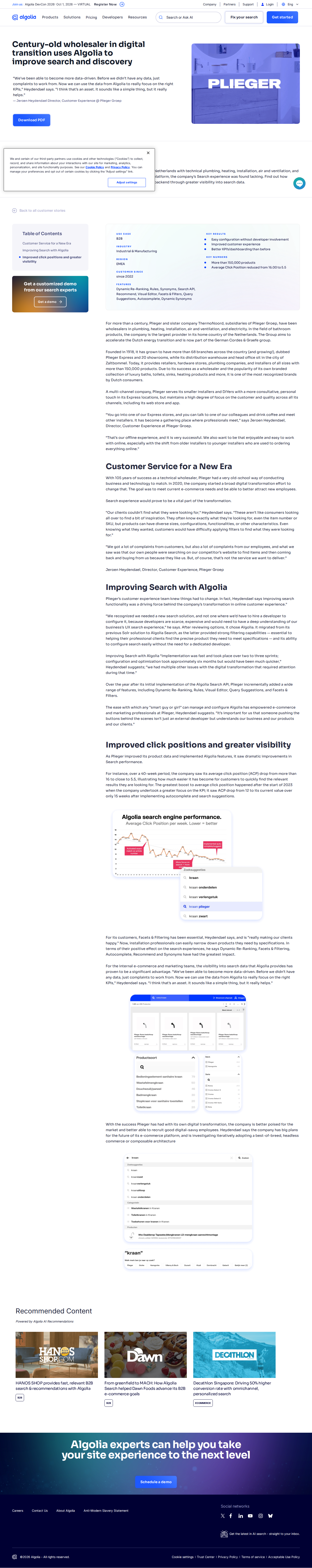 Screenshot of Algolia x Plieger Groep, from complaints to data-driven search