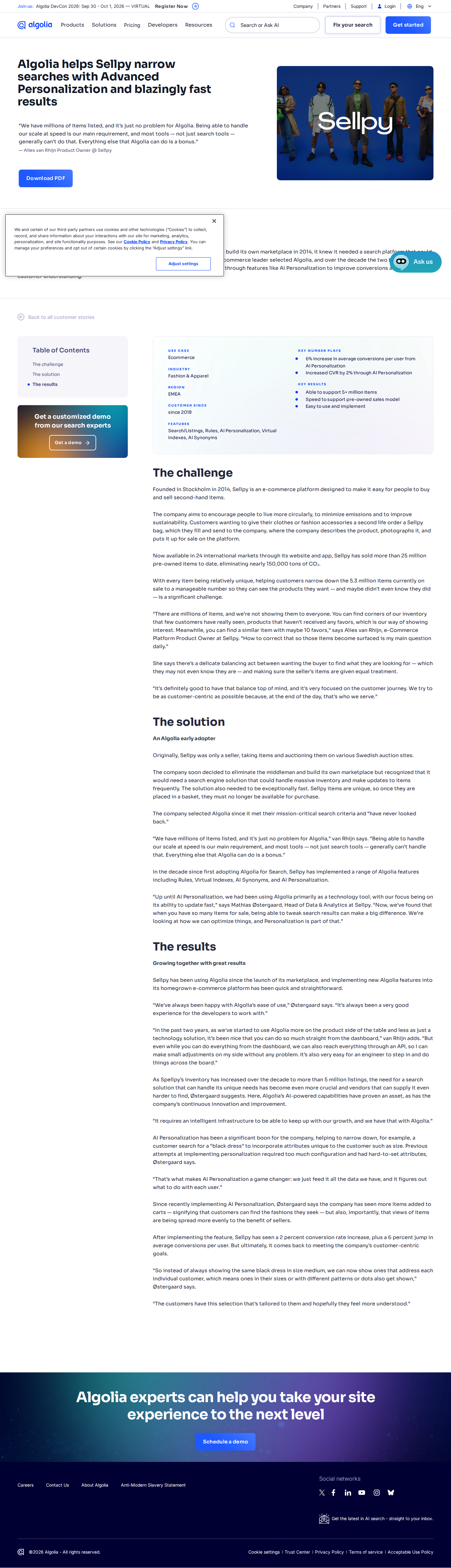 Full screenshot of Algolia x Sellpy, AI Personalization lifts conversions across 5M listings