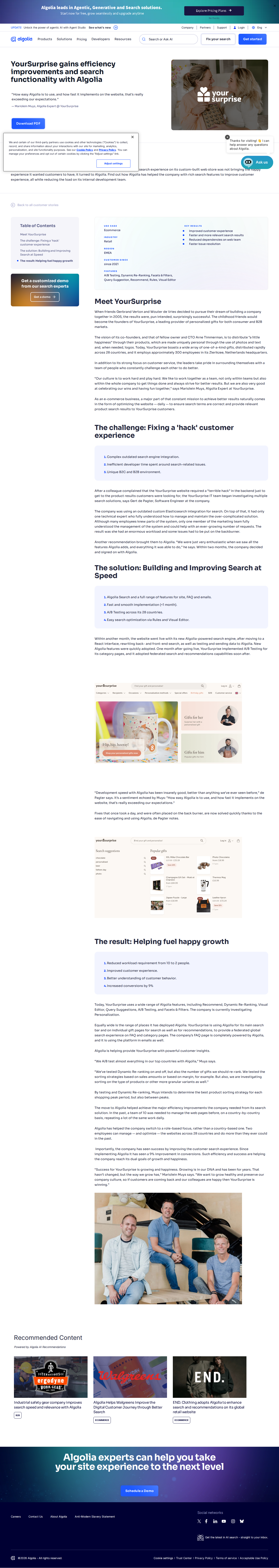 Screenshot of Algolia x YourSurprise, from 10-person country grind to 2-person global operation