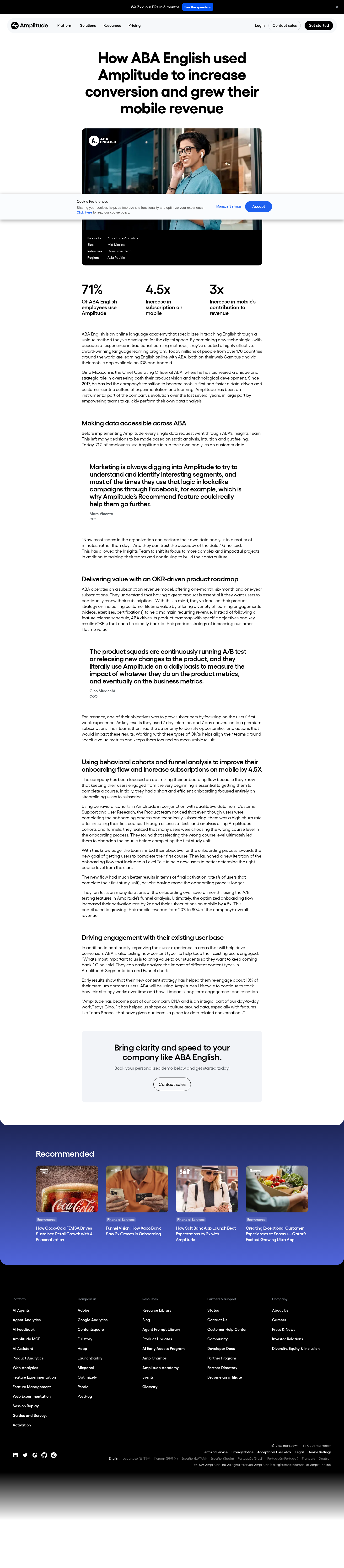 Screenshot of Amplitude x ABA English, unlocking mobile revenue with behavioral data