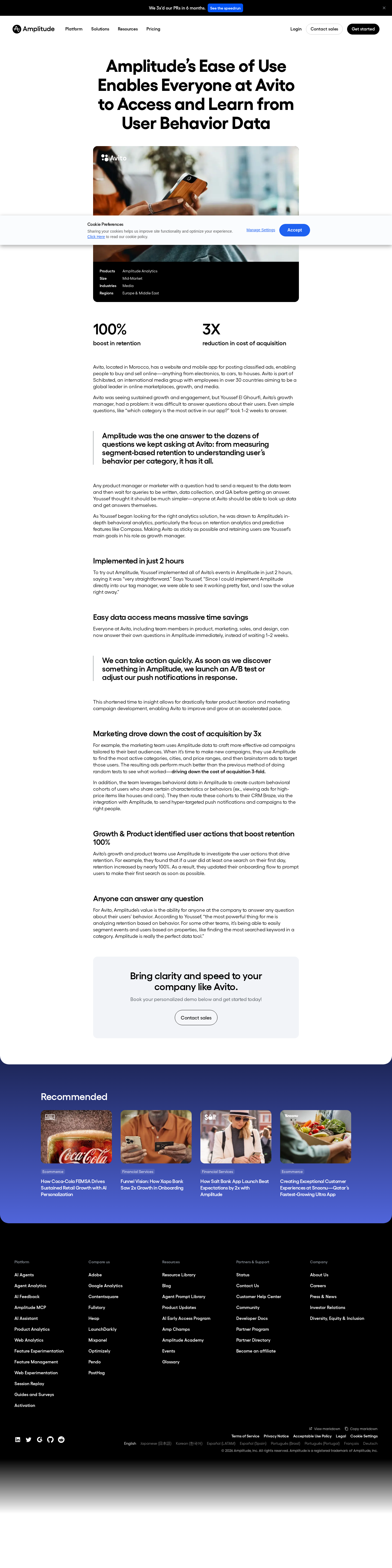 Full screenshot of Amplitude x Avito, self-serve analytics unblocks growth at a classified-ads marketplace