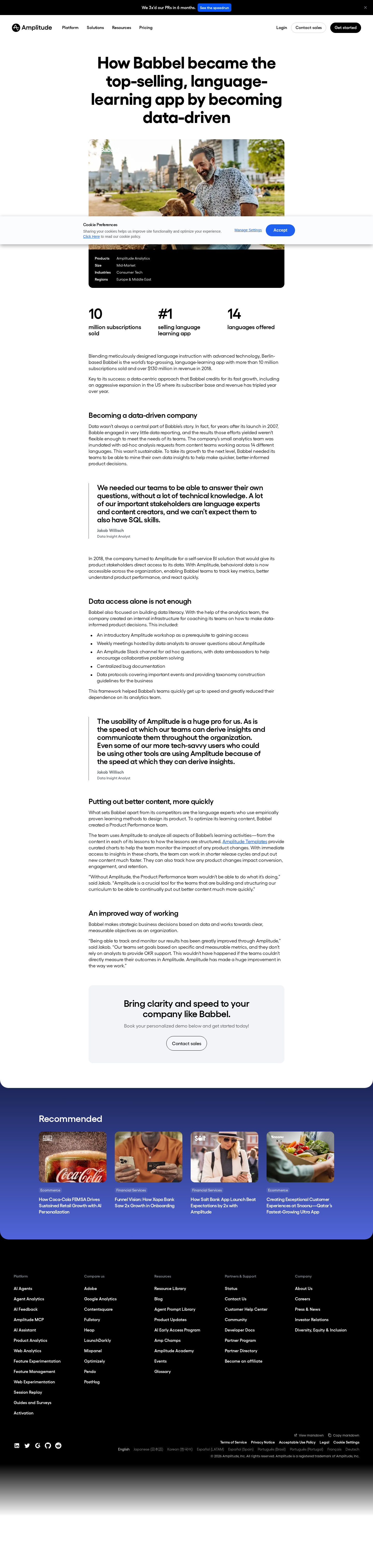 Full screenshot of Amplitude x Babbel, self-service data unlocks org-wide decisions