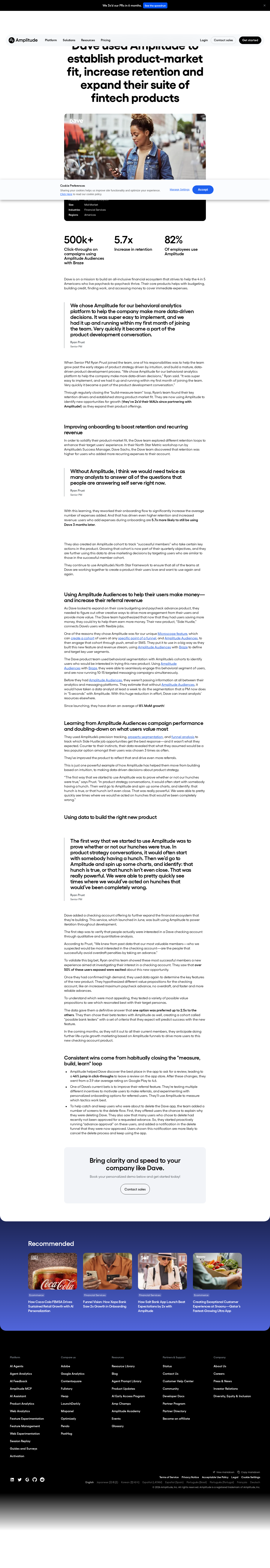 Full screenshot of Amplitude x Dave, from hunches to data-driven product-market fit