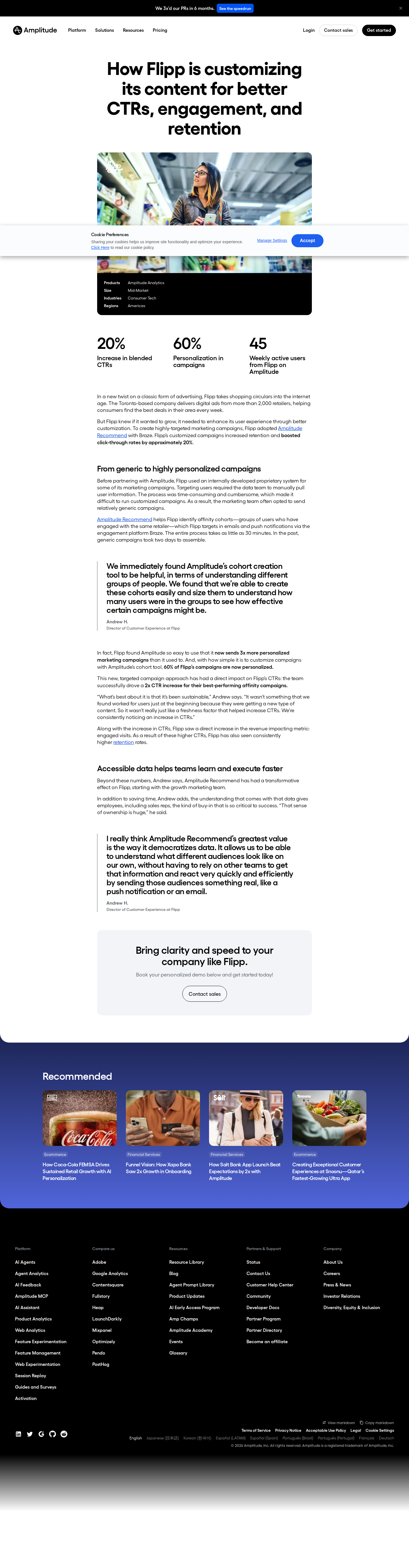 Full screenshot of Amplitude x Flipp, personalized campaigns drive 20% CTR lift
