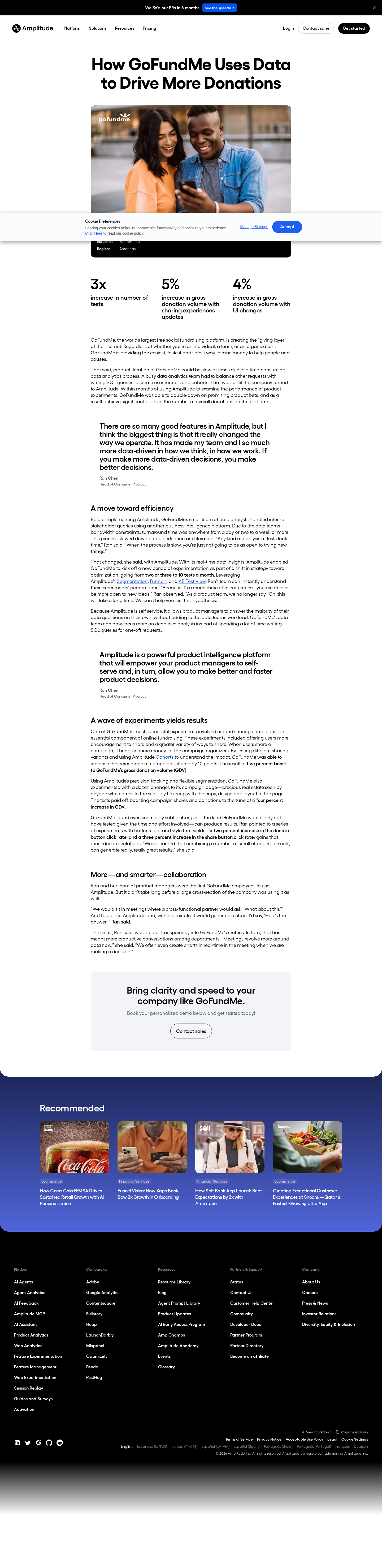Full screenshot of Amplitude x GoFundMe, 3x tests and measurable donation growth