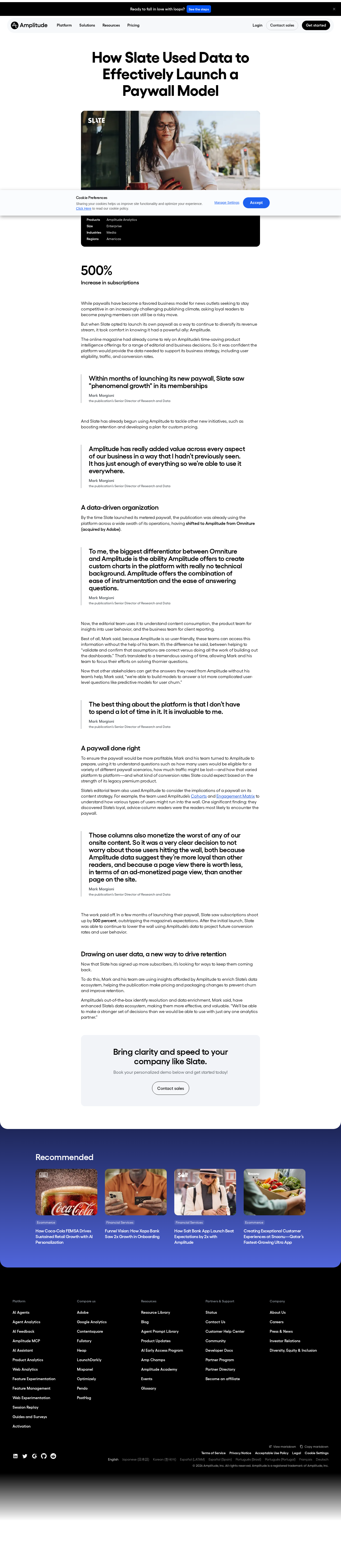 Screenshot of Amplitude x Slate, 500% subscription growth from a data-driven paywall launch