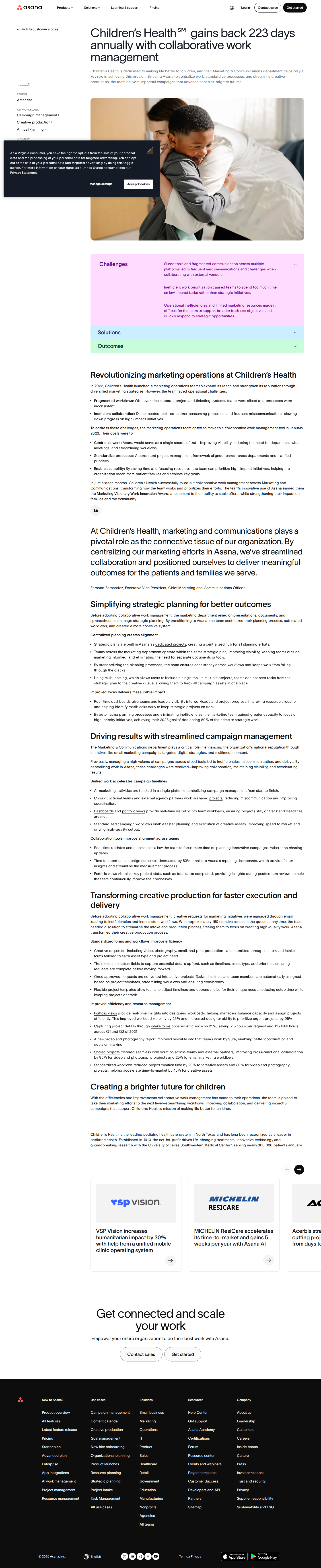 Screenshot of Asana x Children's Health, 223 workdays recovered through unified marketing ops