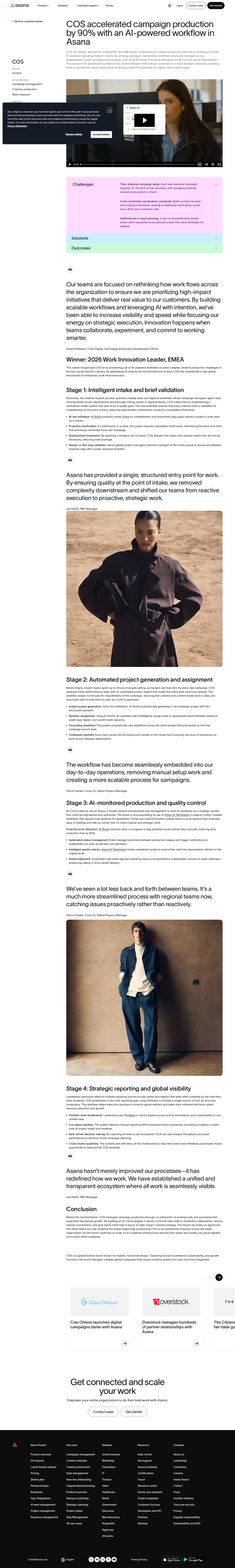 Full screenshot of Asana x COS, 90% faster campaign setup with AI workflows