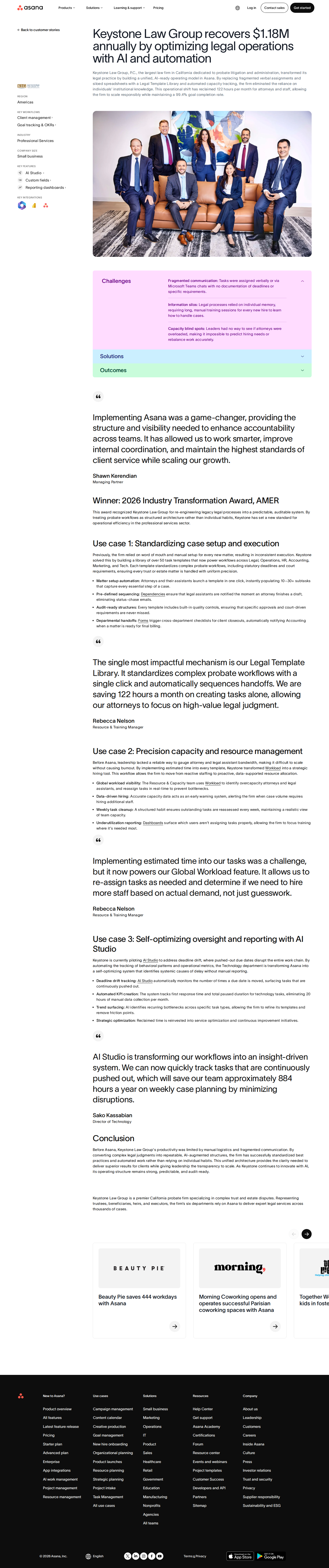 Screenshot of Asana x Keystone Law Group, $1.18M recovered by automating legal operations