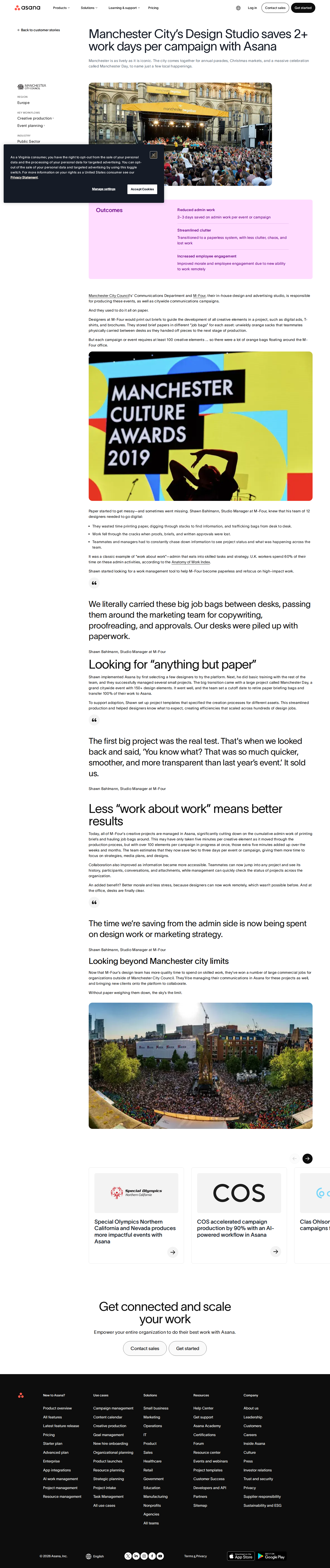 Full screenshot of Asana x Manchester City Council, 2+ days saved per campaign by ditching paper job bags