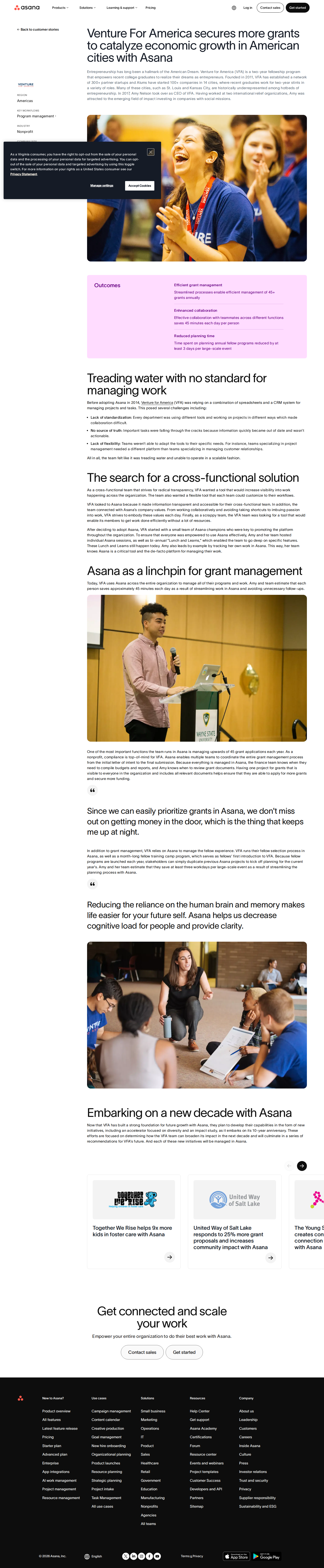 Full screenshot of Asana x Venture for America, saving 45 minutes a day to secure more grants