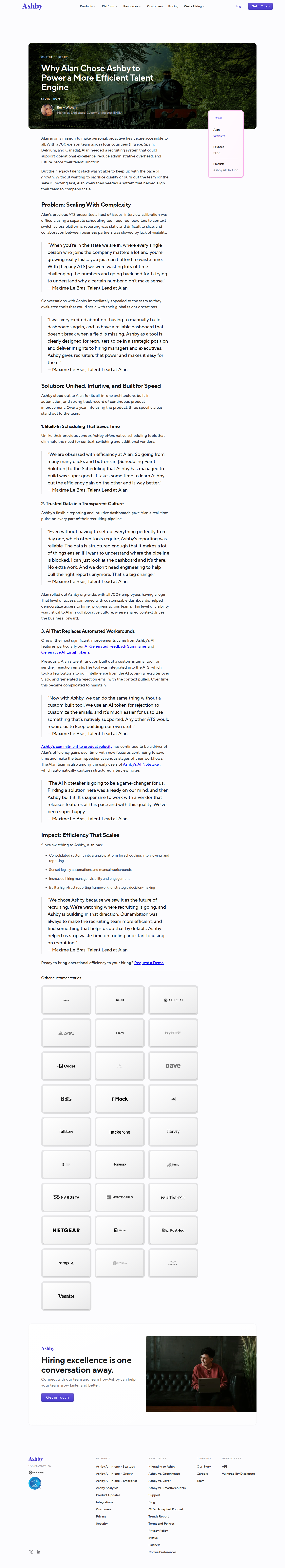 Screenshot of Ashby x Alan, consolidating a fragmented recruiting stack to stop wasting time