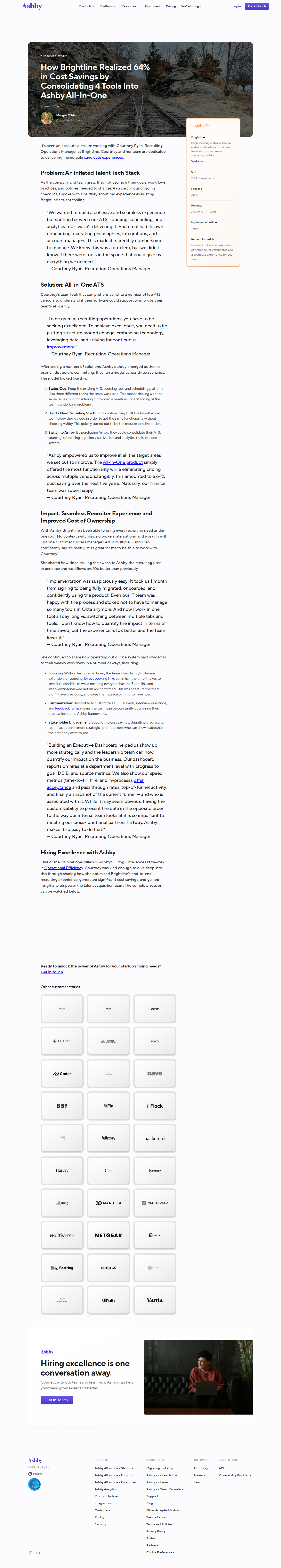 Screenshot of Ashby x Brightline, 64% cost savings by consolidating four recruiting tools into one